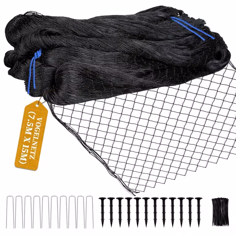 Rete protettiva per uccelli, dimensioni 7,5m x 15m, maglia fine da 6 cm, resistente ai raggi UV, con 6 ancoraggi per il terreno