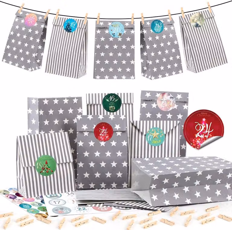 Calendario dell'Avvento da riempire - Grigio - 25 sacchetti di carta per il calendario dell'Avvento con adesivi numerati - Calendario di Natale fai-da-te da riempire