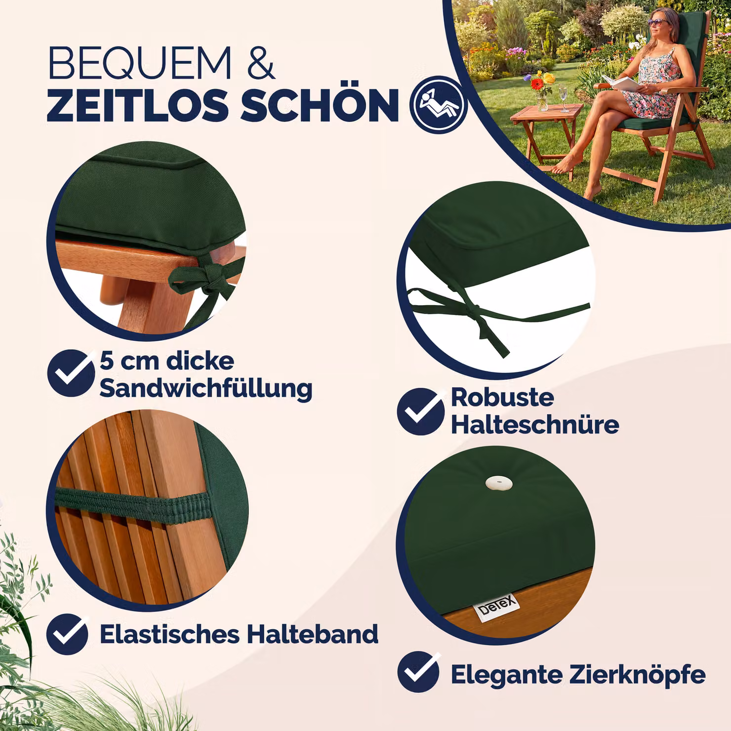 Set di 6 imbottiture per sedia Detex in poliestere trapuntato e idrorepellente, verde e bianco, 45 x 45 x 5 cm – 2