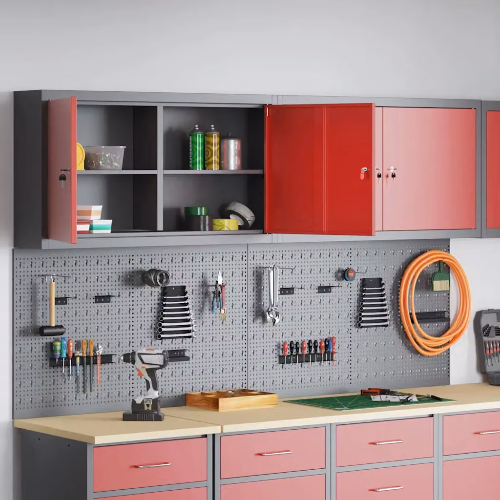 Set di 6 armadi per attrezzi con scaffale vidaXL in acciaio, rosso e grigio, montabili a parete