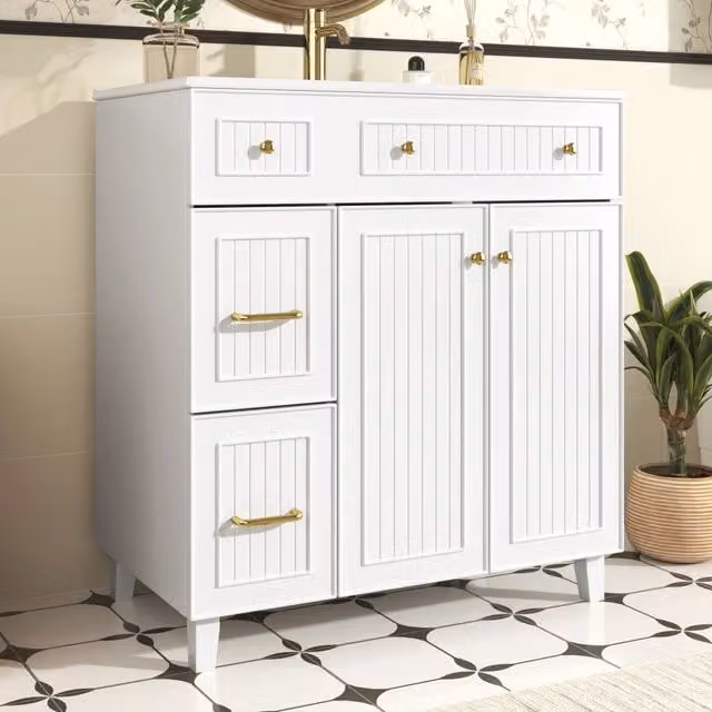 Mobile sottolavabo con lavabo in ceramica, cassetti e anta, piedi in legno di pino, per bagno, MDF laccato bianco