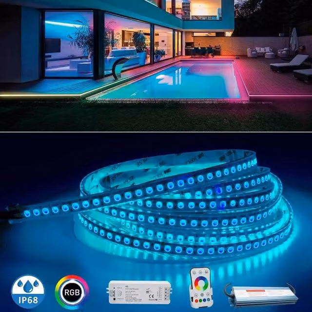 Kit Striscia LED RGB Trade Shop Traesio IP68 per Esterni, 600 LED, 75W, 24V, Dimmerabile con Centralina e Alimentatore inclusi