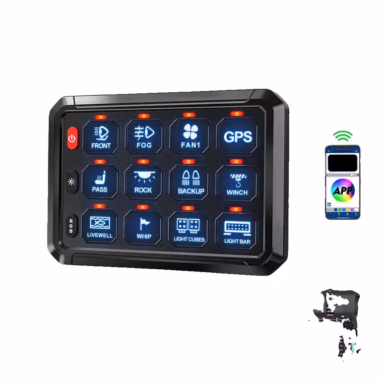 Pannello di controllo, opzioni di colore RGB, controllo Bluetooth, 12 interruttori controllabili tramite app