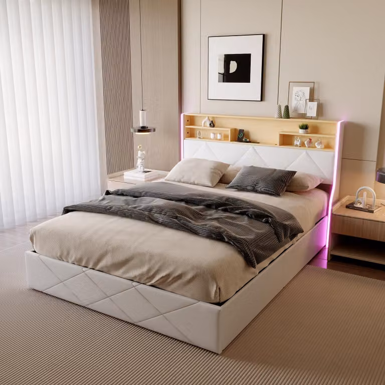 Letto imbottito ProximaX 140x200cm, letto matrimoniale letto contenitore idraulico, letto funzionale a LED con funzione di ricarica USB, testata di design, rete a doghe in legno, struttura in metallo, materiale PU, letto per ragazzi, bianco