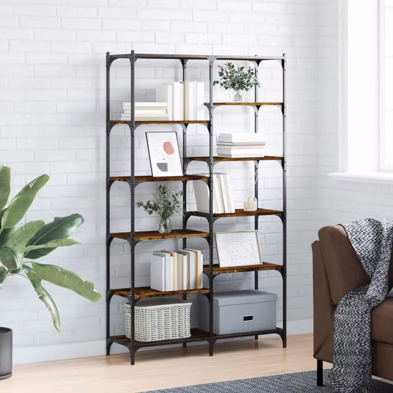 Libreria industrial vidaXL in legno multistrato e ferro, colore rovere fumo, L 100 cm x P 32 cm x H 170 cm