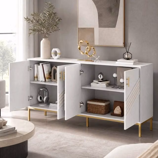 Credenza 160x40x80,5 cm bianca in MDF, 4 ante e ripiani regolabili