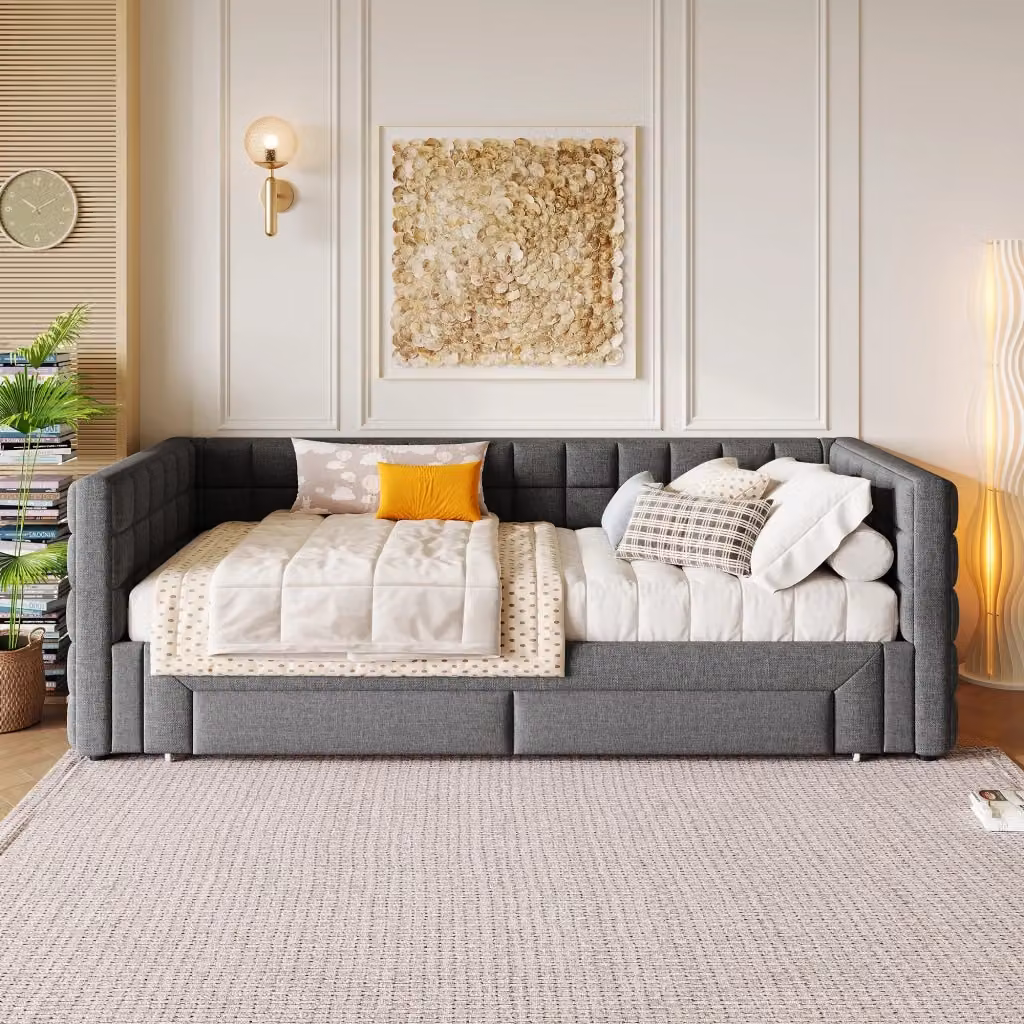 Letto divano estraibile OKWISH in velluto grigio con 2 cassetti, L/P/H: 90 x 200 x 74 cm (estendibile a 180 x 200 cm) – 2