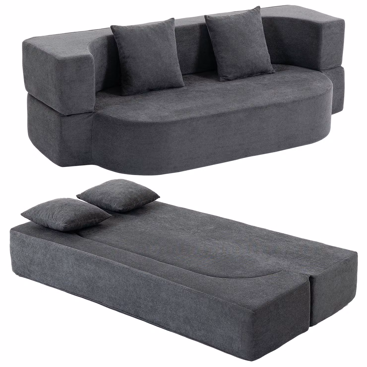 Divano letto a due posti - Pieghevole - 190 cm - Rivestito in velluto - Struttura in legno - Braccioli - Grigio scuro