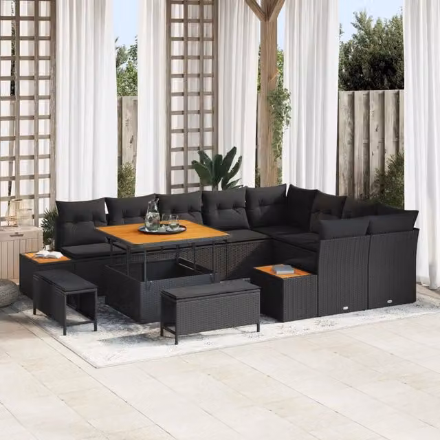 Set Divano da Giardino vidaXL a forma a U con 11 posti, colore Nero, con cuscini inclusi e struttura in acciaio verniciato a polvere e legno di acacia