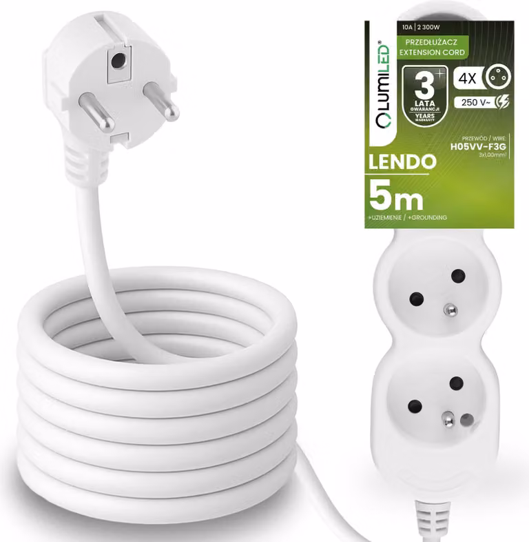 Presa multipla LUMILED Presa multipla di tipo E, cavo da 5 m H05VV-F3G, bianco, presa multipla E 10A 2300W 250V IP20 Staffa per sospensione