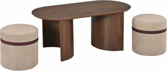 Set tavolino da salotto ovale in MDF con 2 pouf imbottiti in legno di pino color noce