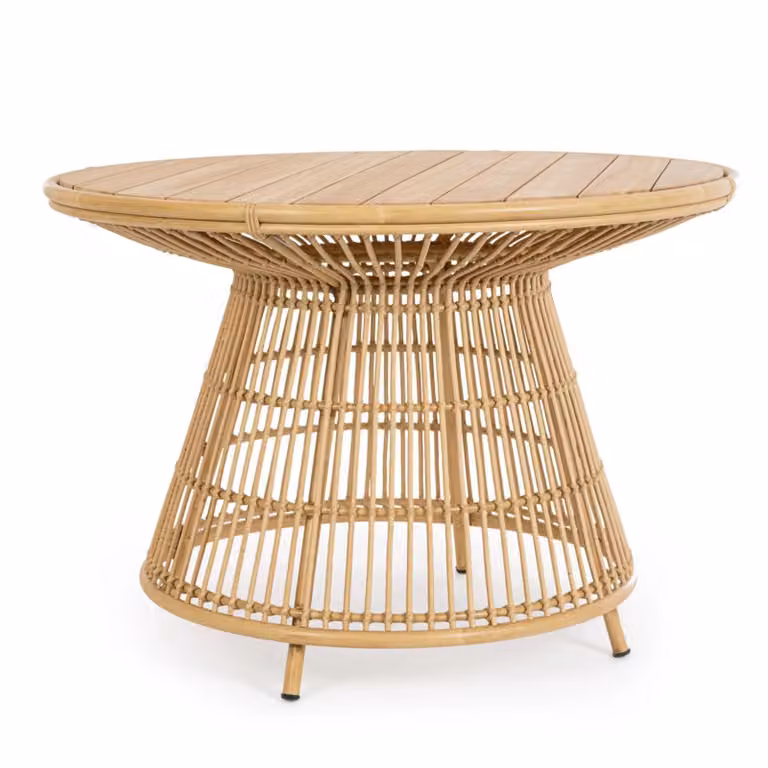 Tavolo da giardino LAMEGO rotondo in teak naturale e fibra effetto rattan, Ø110 cm