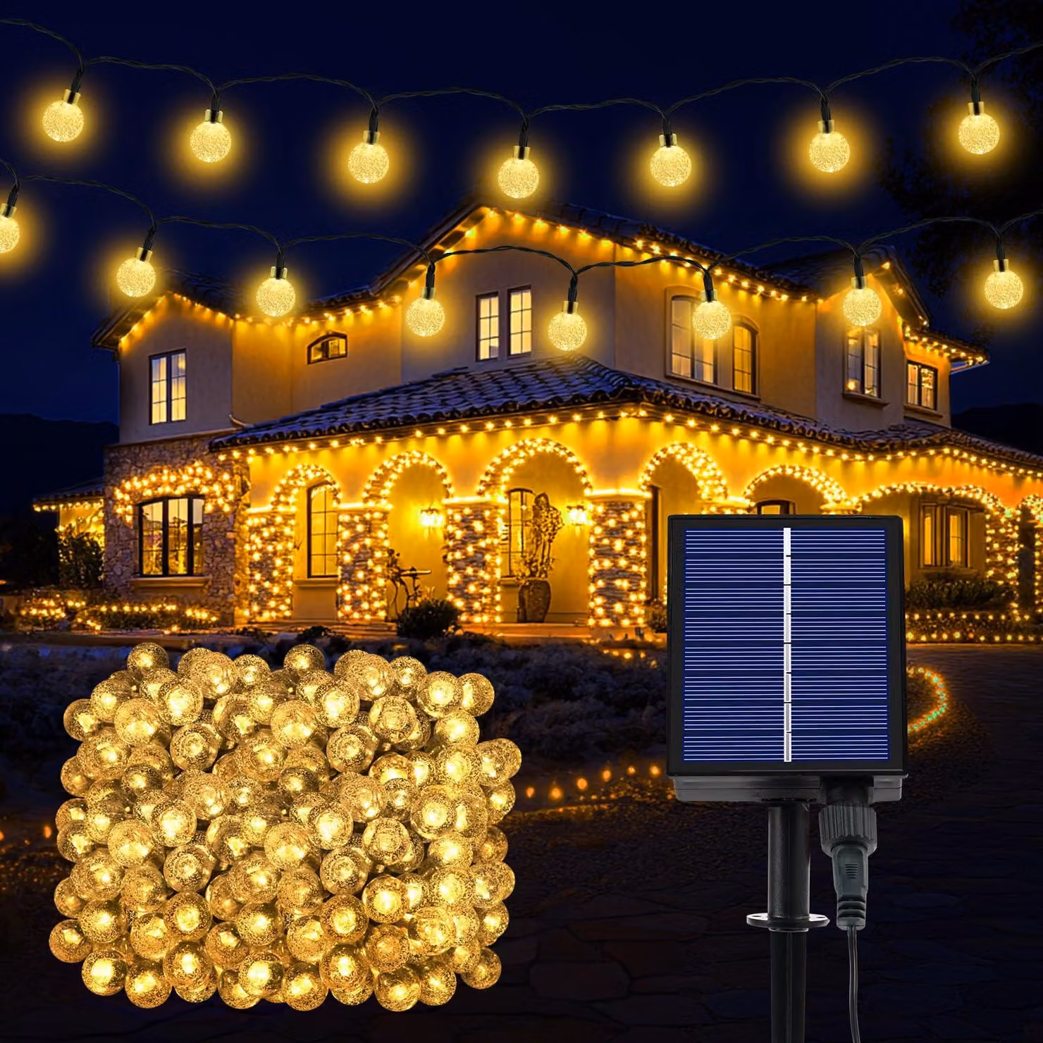 Catena luminosa solare con 200 LED, lunghezza 27 metri, luce bianco caldo, 8 modalità, grado di protezione IP65