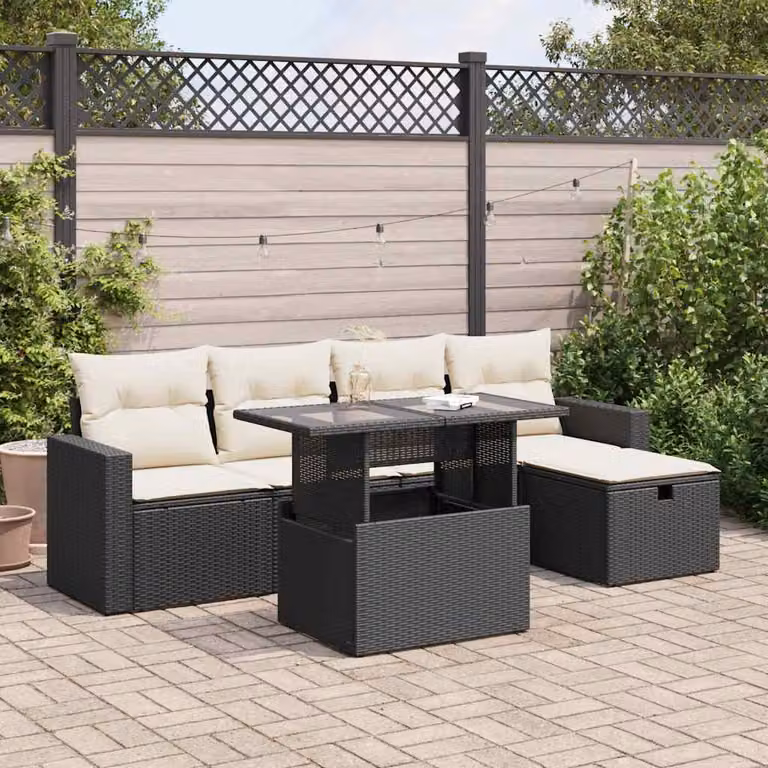 Set Divano da Giardino vidaXL 6 pz in Polyrattan Nero con Cuscini e Tavolino da Caffè