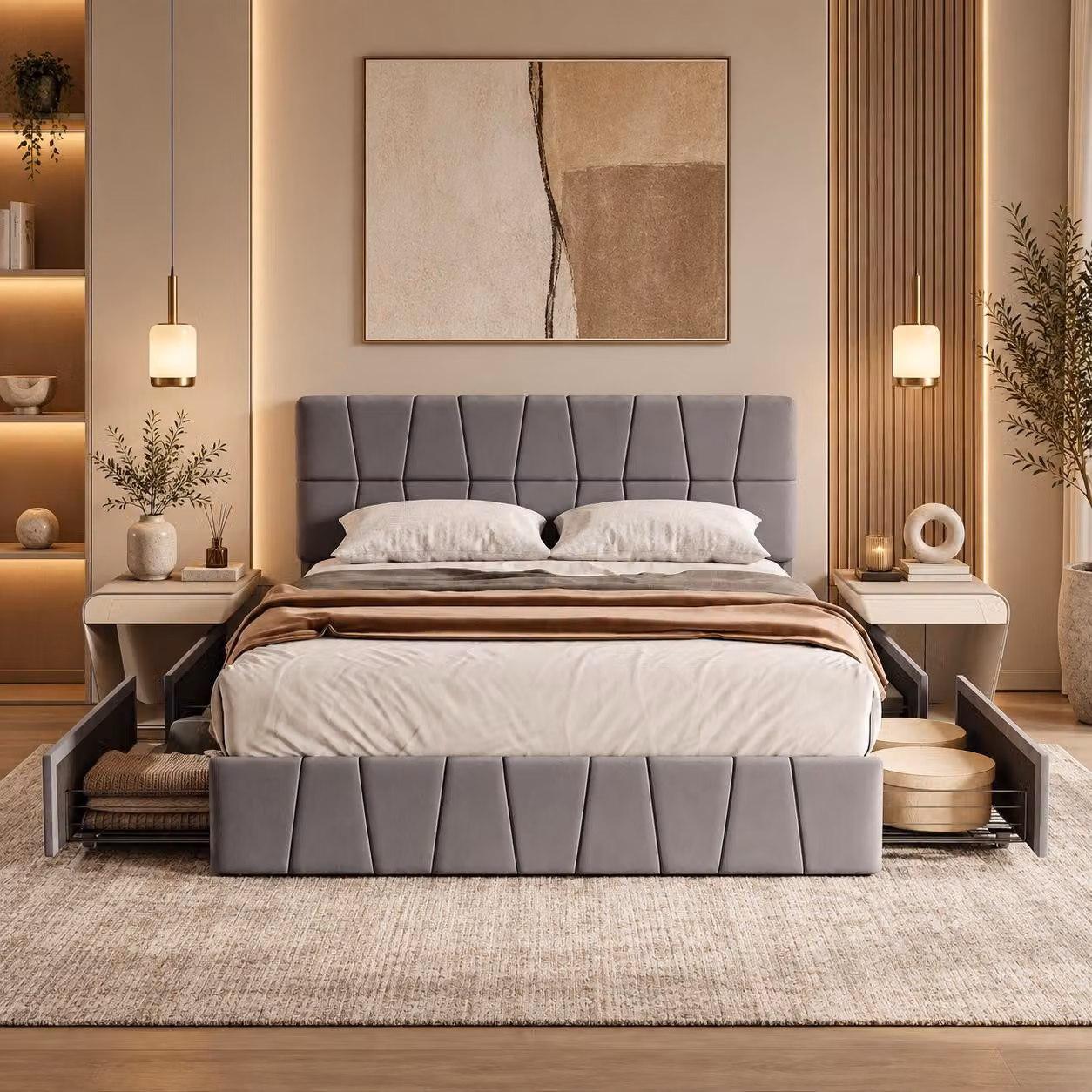 Letto imbottito moderno INONEFT, 140x200 cm, con 4 cassetti, letto per ragazzi/coppie con poggiatesta regolabile in altezza, struttura del letto con rete a doghe, tessuto velluto grigio