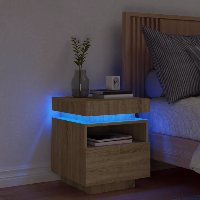 Comodino moderno vidaXL con luci LED in legno Rovere Sonoma, colore beige e marrone, L 40 cm x P 39 cm x H 48,5 cm