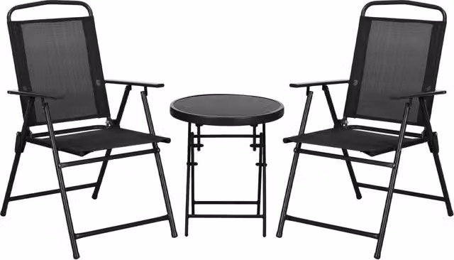 Set da giardino Giordanoshop composto da 2 sedie e un tavolino rotondo in metallo nero e vetro per balcone e terrazzo, L/P/H sedie: 53,5 x 64 x 93 cm, Diametro tavolino: 45 cm