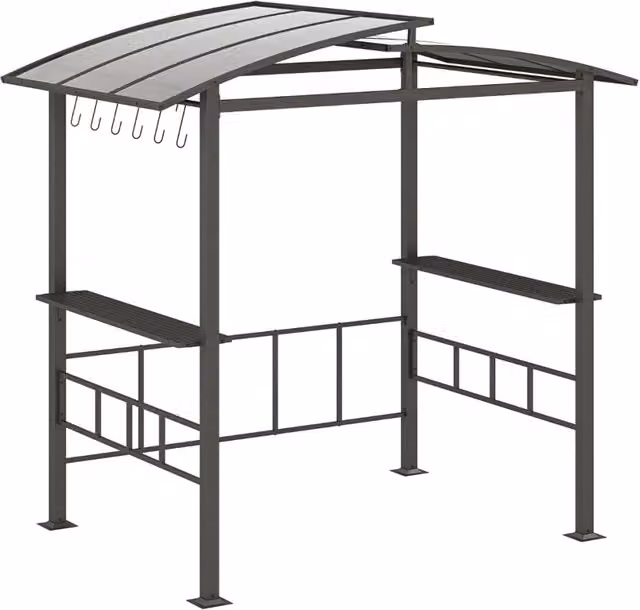 Gazebo per barbecue HELLOSHOP26 con tetto rigido in policarbonato nero e 2 ripiani, L: 248 cm, P: 150 cm, H: 232 cm