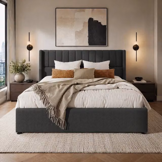 Letto matrimoniale imbottito 160 × 200 cm con contenitore idraulico in lino grigio e rete a doghe