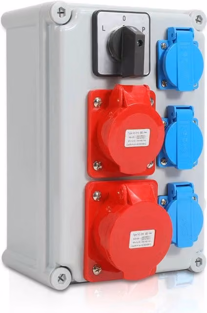 Distributore di corrente per installazione a parete con commutatore a L-0-P e MCB, pannello di distribuzione per cantiere con 3x prese Schuko e prese CEE 16/32A