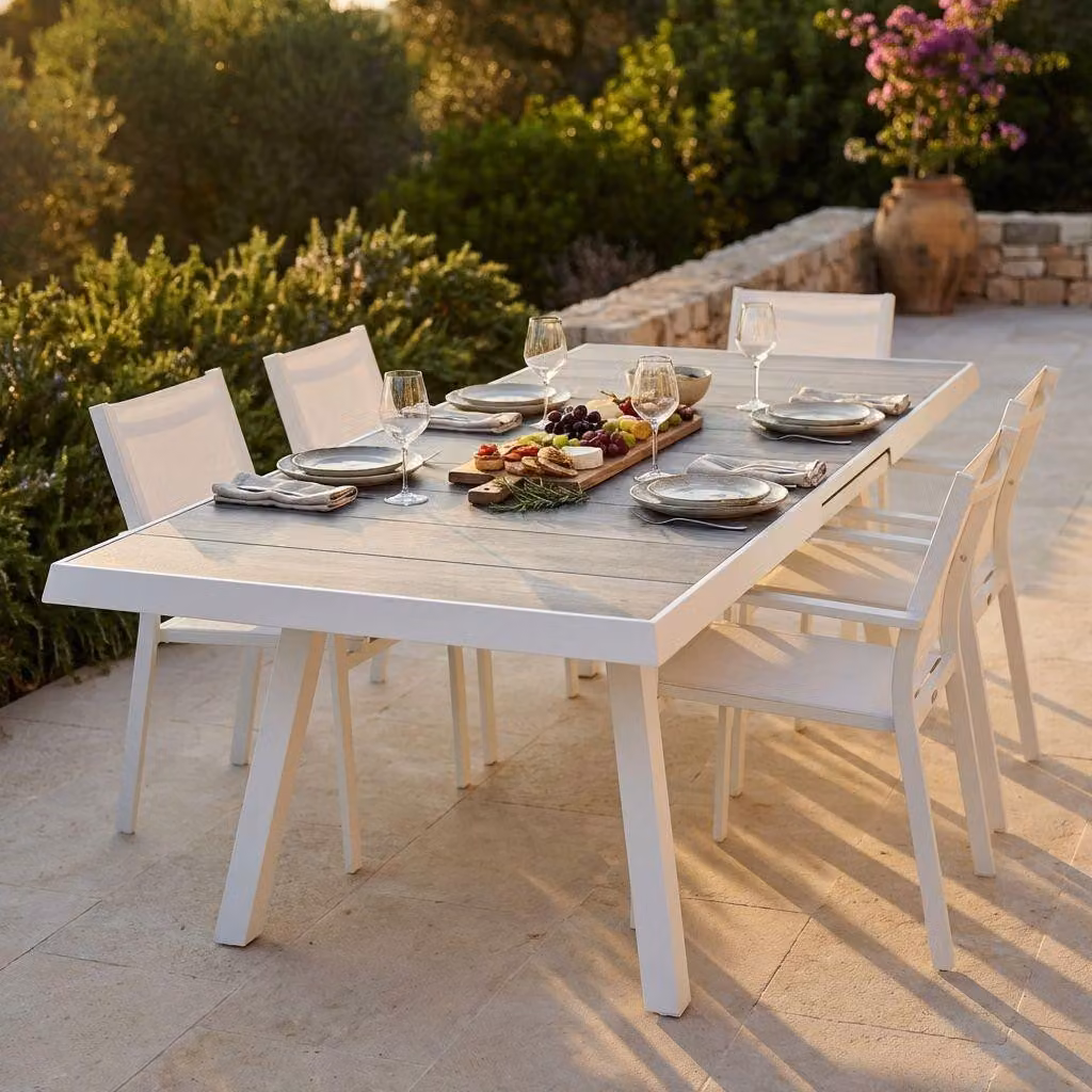 Milani Home - tavolo da giardino allungabile, alluminio e gres, piano in gres, 10 posti, bianco, piano 205/265 x 105 cm