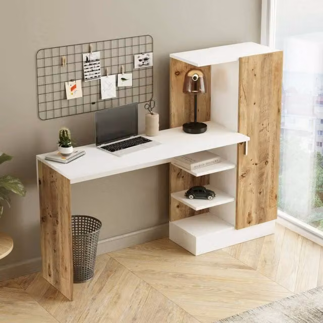 Scrivania DMORA moderna per ufficio e casa, piano di lavoro per computer, L/P/H: 152 x 40 x 120 cm, Quercia e Bianco