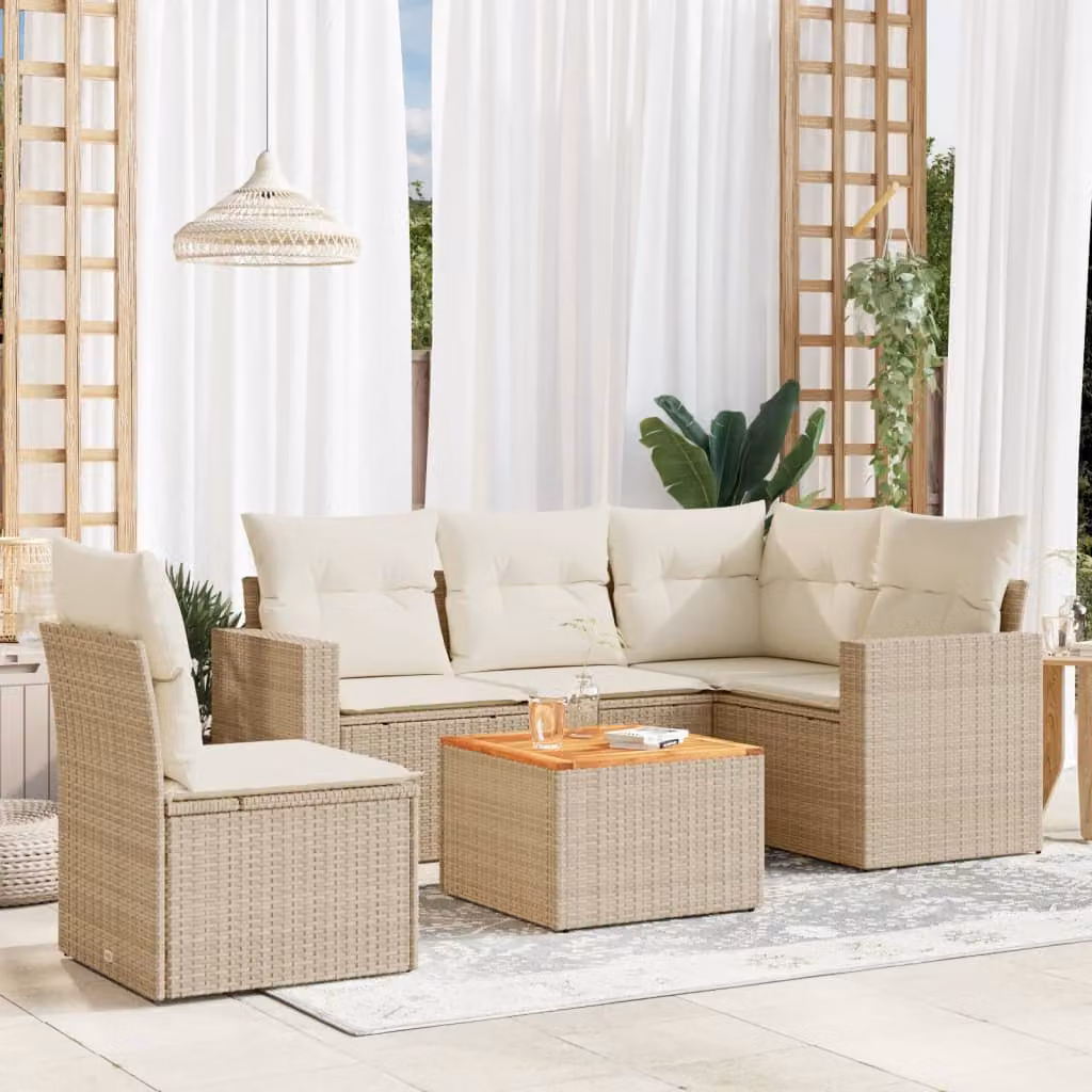 vidaXL Set Divano da Giardino a L 6 pz in Polyrattan con Cuscini Beige e Tavolino da Caffè
