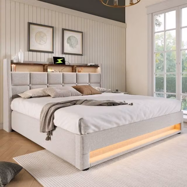 Letto matrimoniale imbottito 160x200 cm con LED; USB e contenitore; beige in lino
