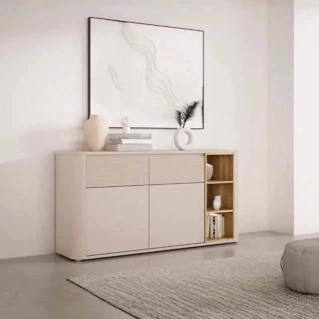 Madia Origin Core con 2 cassetti e 2 ante colore cashmere e nicchie a giorno con dettaglio rovere