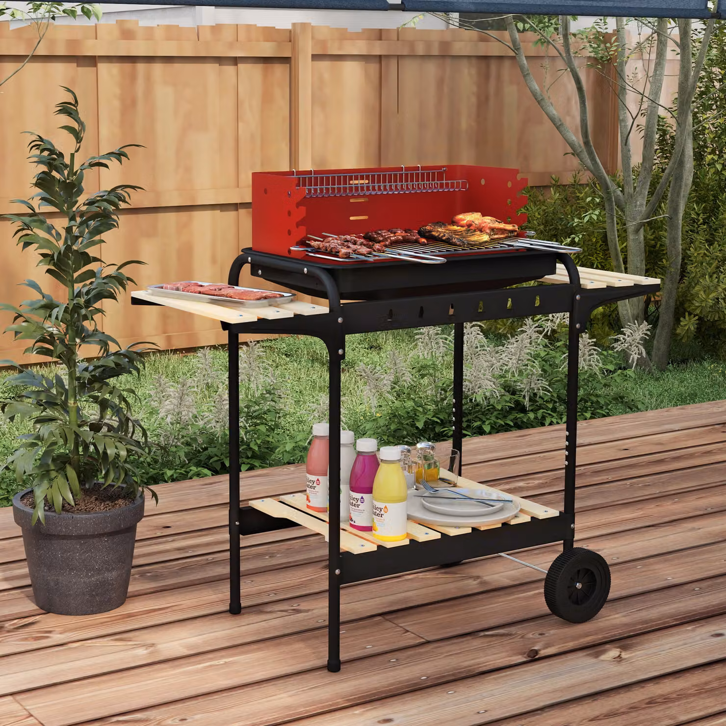 Barbecue a carbonella Outsunny con griglia regolabile e 3 ripiani in metallo e legno, Rosso, L: 103 cm, P: 47 cm, H: 95 cm – 2