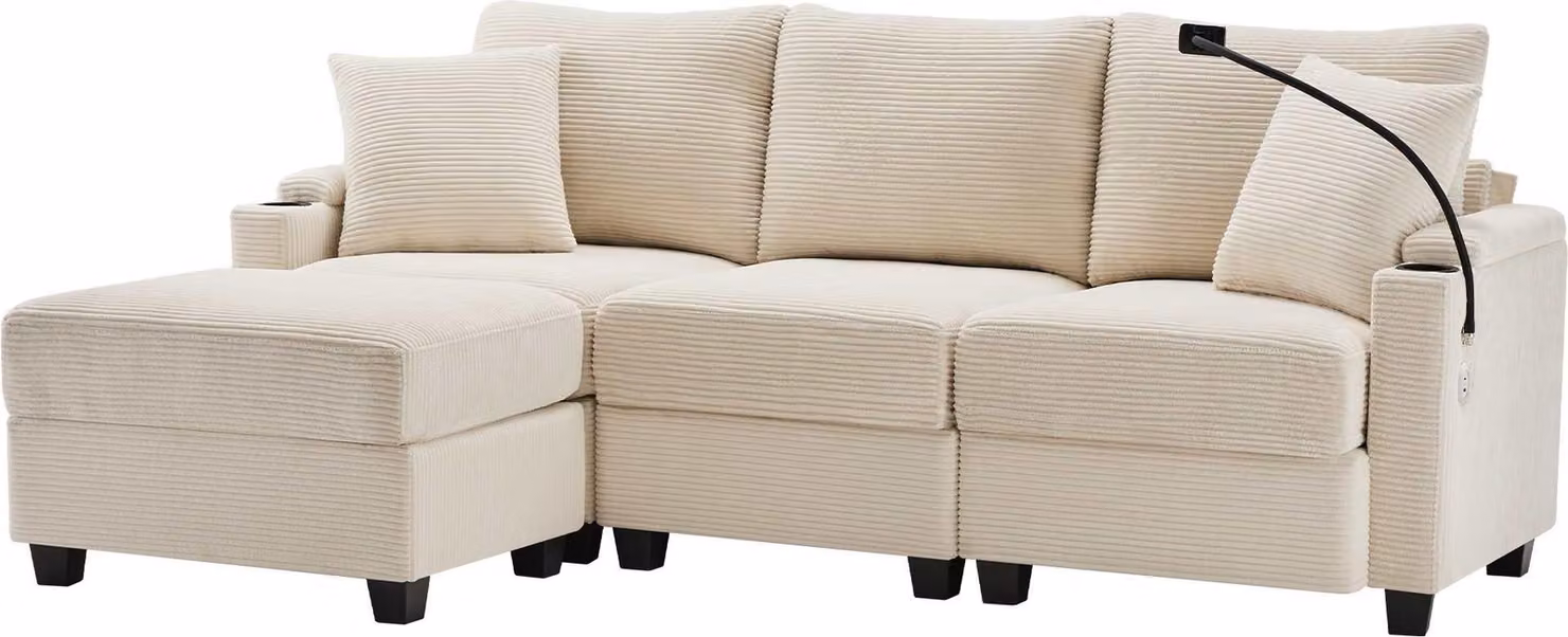 AIORBER Divano angolare a L con poggiapiedi, portabicchieri, USB, bracciolo, 2 cuscini, in velluto a coste, trasformabile, beige / grigio scuro