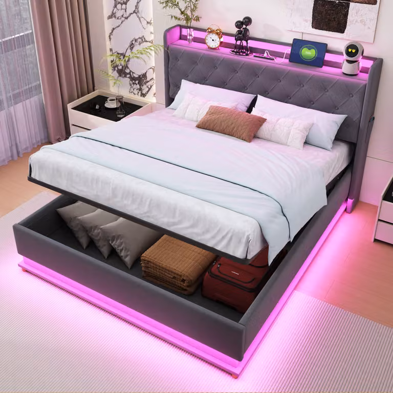 Letto imbottito Flieks 160x200cm con USB, letto contenitore letto matrimoniale con rete a doghe e LED, letto a molle idrauliche letto per ragazzi, biancheria, grigio