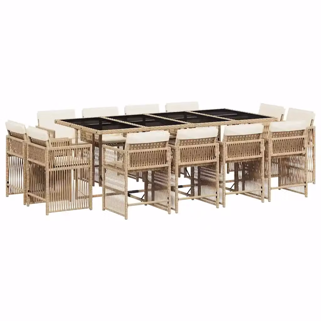Set da Pranzo da Giardino vidaXL in Polyrattan con Cuscini Beige e Tavolo in Vetro, 13 Pezzi – 2