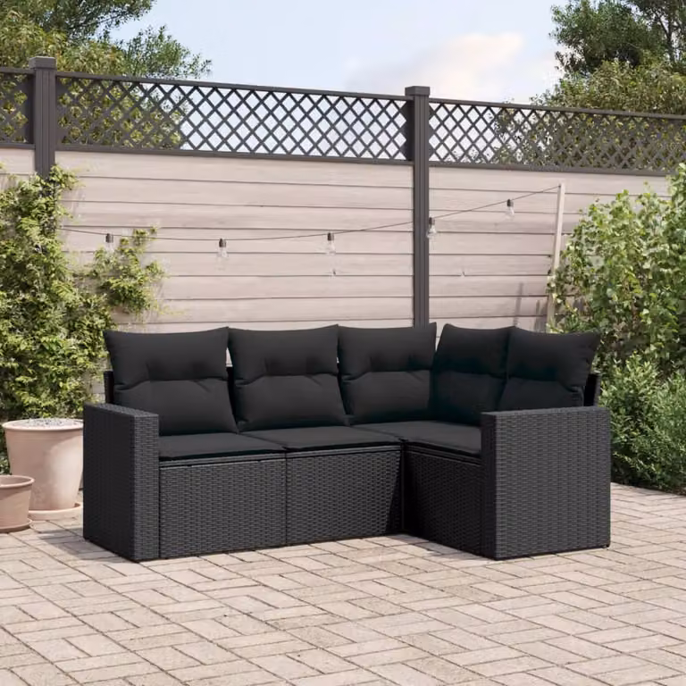 Set di divani da giardino vidaXL a forma di L composto da 4 pezzi in polyrattan nero con cuscini inclusi