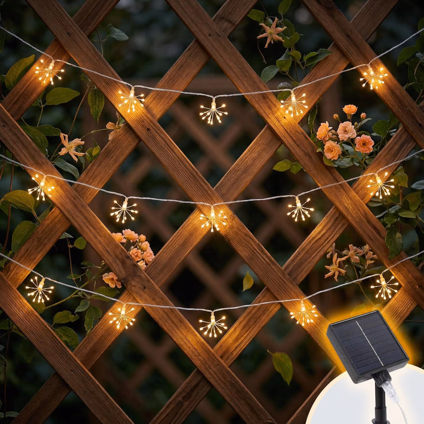 Catene luminose solari, 75 LED, confezione da 5, design a tema fuochi d'artificio, luce bianco caldo, 8 modalità