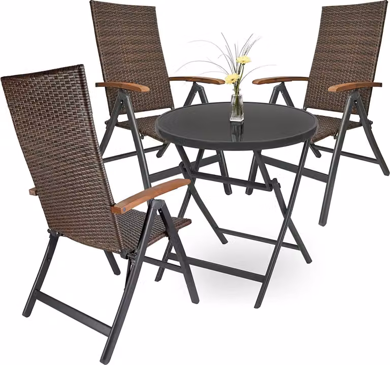 Gruppo da giardino Brubaker Modena - 1 tavolo pieghevole in vetro rotondo 70 cm Ø con 3 sedie in polyrattan - resistente alle intemperie - marrone/antracite