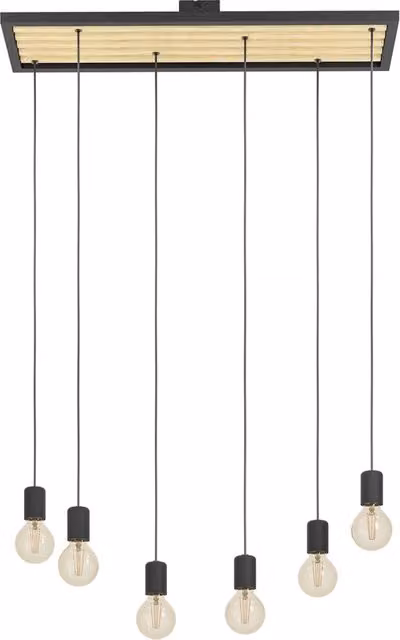 Lampadario a sospensione Eglo Consett in stile industriale con 6 luci, finitura nero e legno, attacco E27