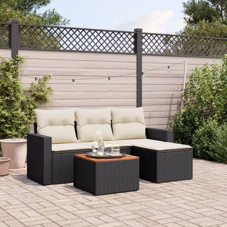 Set di divani da giardino vidaXL 5 pz in polyrattan nero con cuscini e tavolino da esterno a forma di L