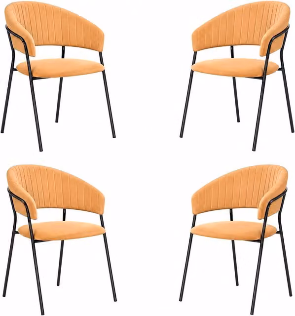 Set di 4 sedie da sala da pranzo Aurelia in velluto arancione con gambe in metallo nero