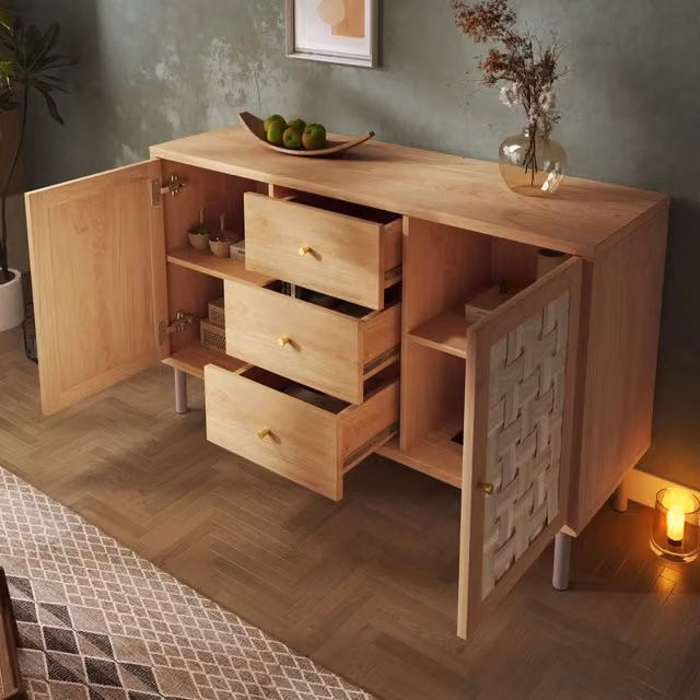 Credenza in MDF e metallo 120x40x75 cm con 2 ante e 3 cassetti, rovere