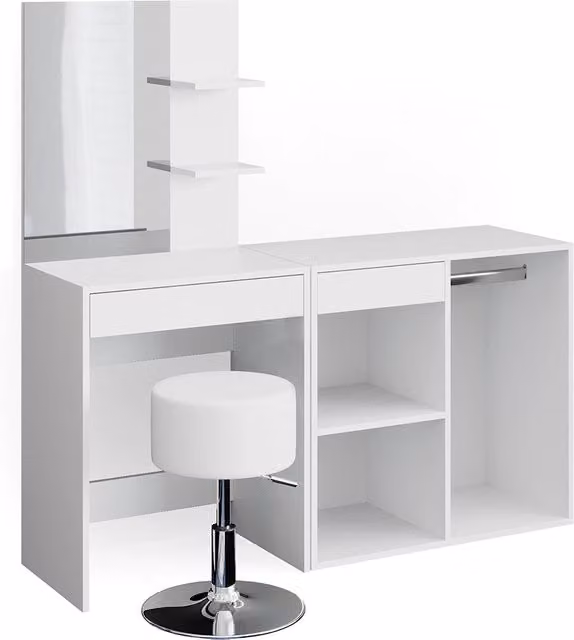 Tavolo da toeletta Isabelle Bianco 140 cm con specchio, sgabello e mobile aggiuntivo Vicco