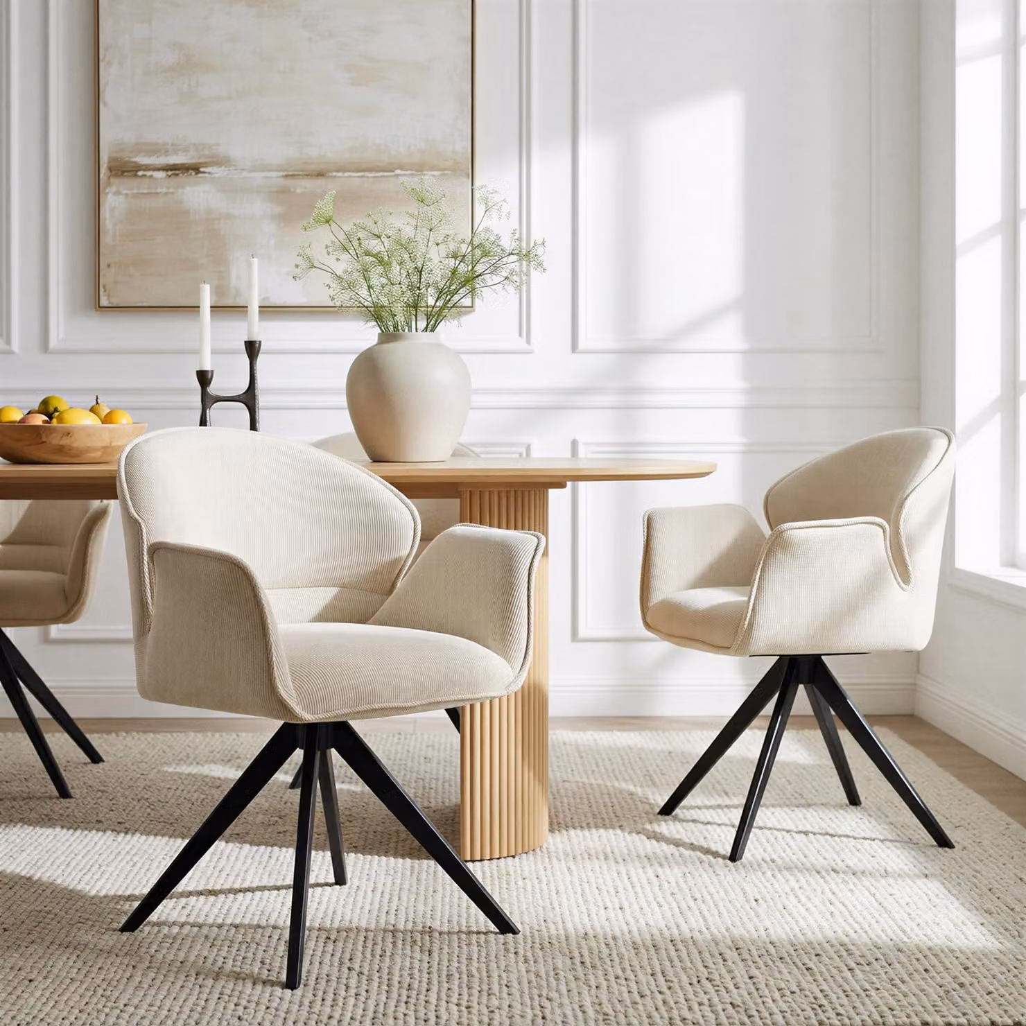 Set di 2 sedie da pranzo GIRONA, bianco crema - Sedia imbottita con struttura in metallo dal design a ragnatela, sedia da cucina con schienale arrotondato e braccioli, ideale per la zona pranzo.