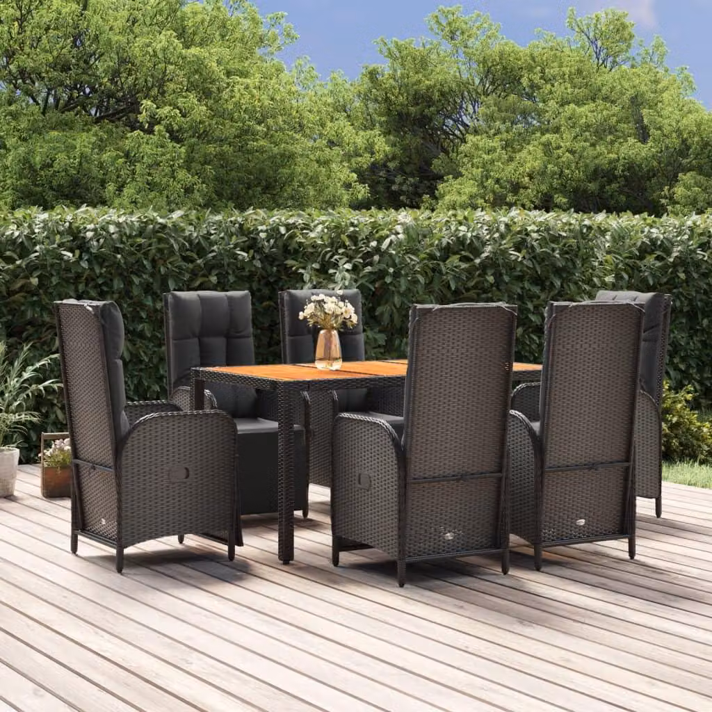 Set da giardino composto da 7 pezzi, in rattan sintetico nero - Tavolo in legno di acacia da 150 cm - Resistente agli agenti atmosferici
