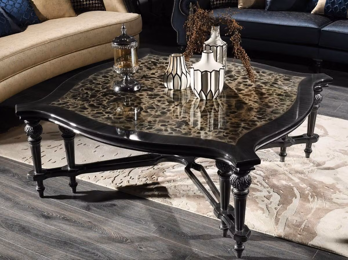 Casa Padrino tavolino barocco nero / beige / argento 126 x 126 x h. 50 cm - mobili da salotto in stile barocco
