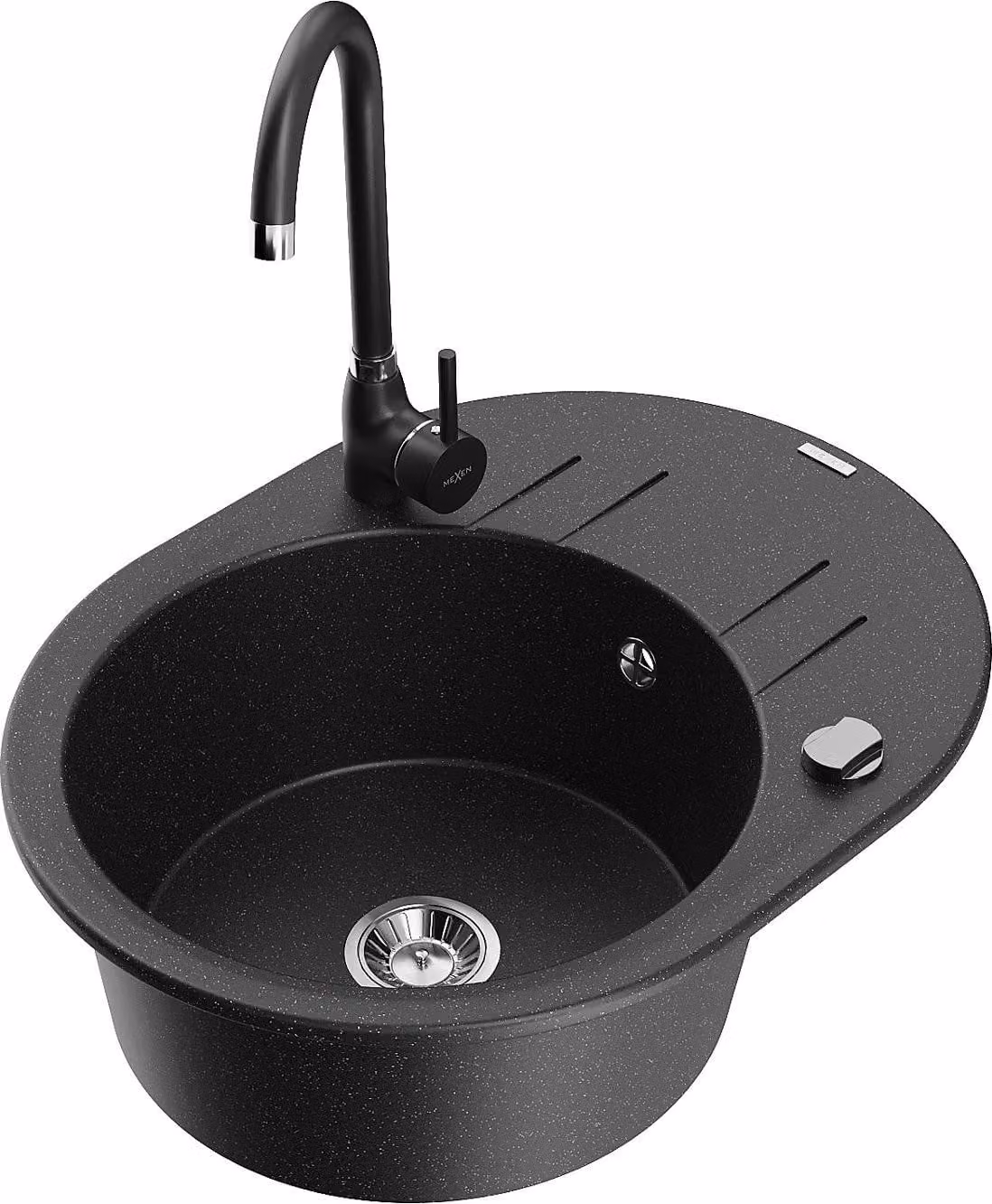Mexen Kevin lavello in granito 1 vasca con gocciolatoio e miscelatore cucina Telma, nero/argento metallizzato