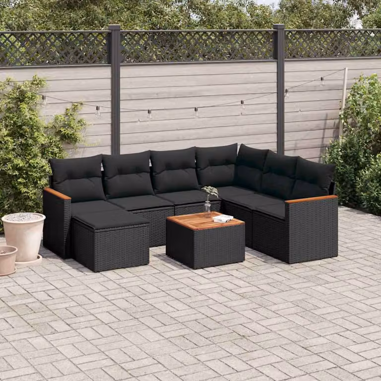 Set Divani da Giardino vidaXL a Forma di L con 8 Pezzi Nero in Polyrattan e Acciaio con Cuscini e Tavolino