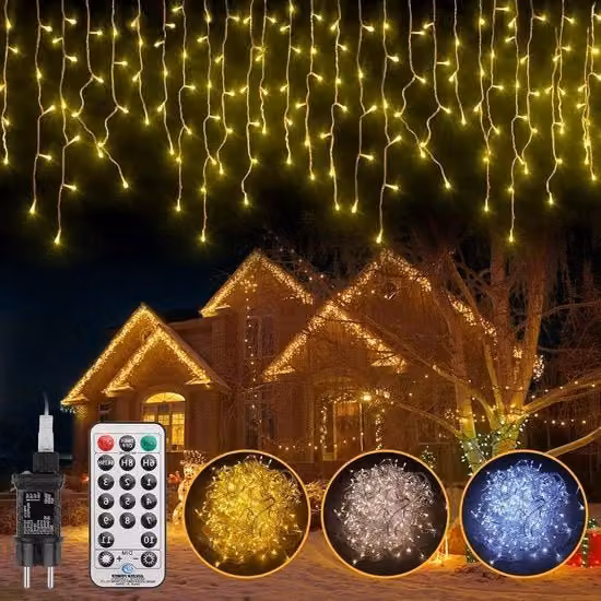 Stringa di luci LED con filo di rame da 10 m, 352 LED, bianco e giallo, con telecomando, timer e 11 modalità di illuminazione, protezione IP44 per interni ed esterni