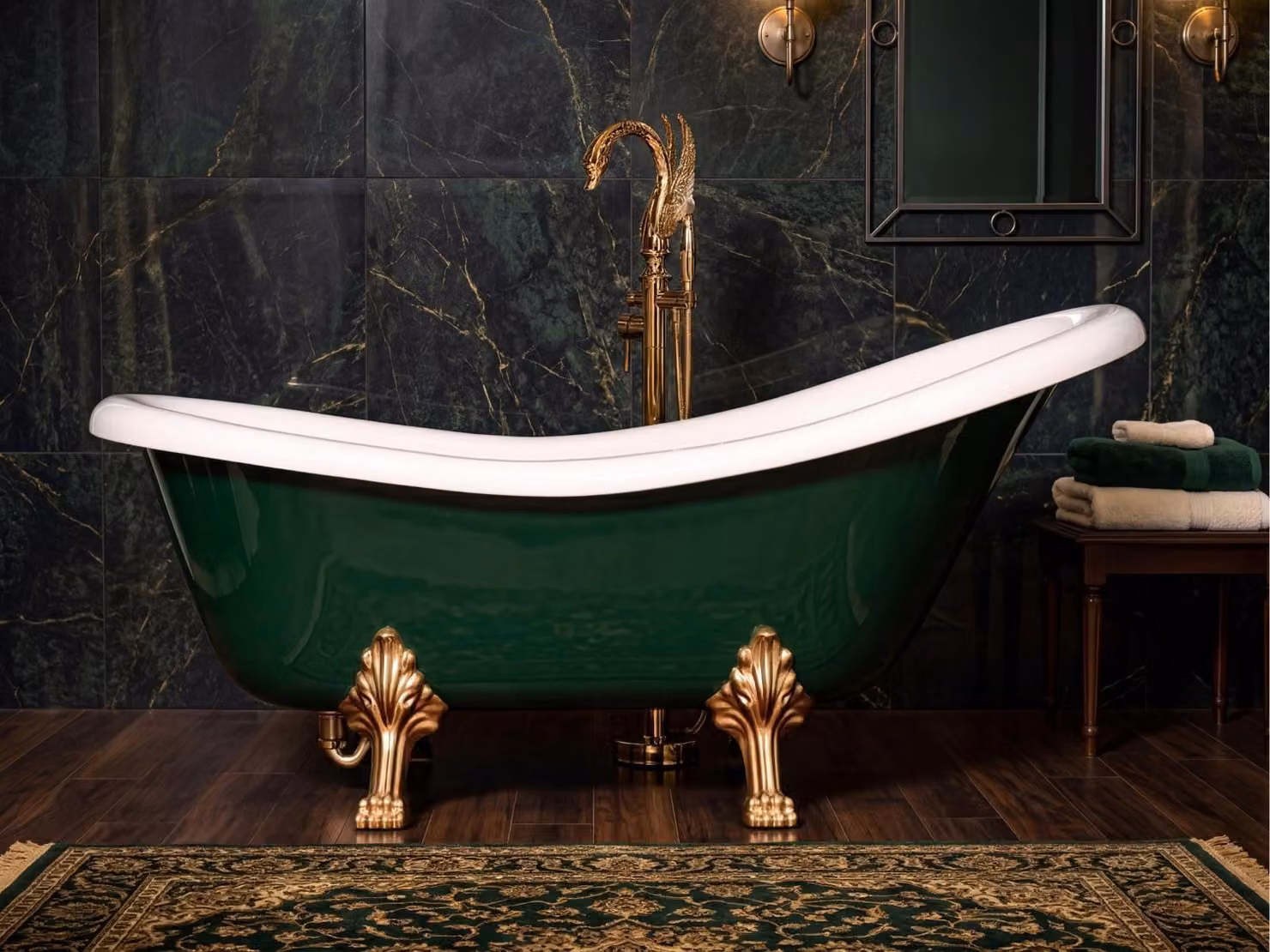 Vasca da bagno freestanding in stile retrò Ludwik — Verde bottiglia su zampe dorate a forma di leone