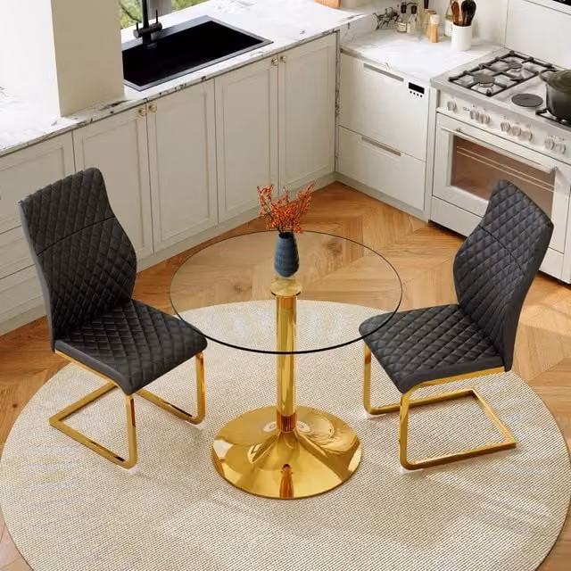 Set tavolo da pranzo rotondo in vetro temperato con 2 sedie nere e oro