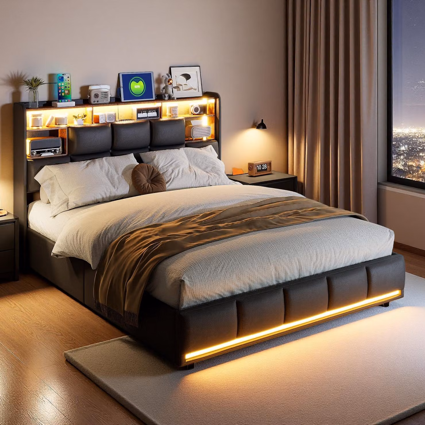 Letto imbottito INONEFT 140x190 con LED e USB, letto a molle con contenitore a sollevamento idraulico, letto per ragazzi con spazio contenitivo, testiera, materiale in PU, colore nero